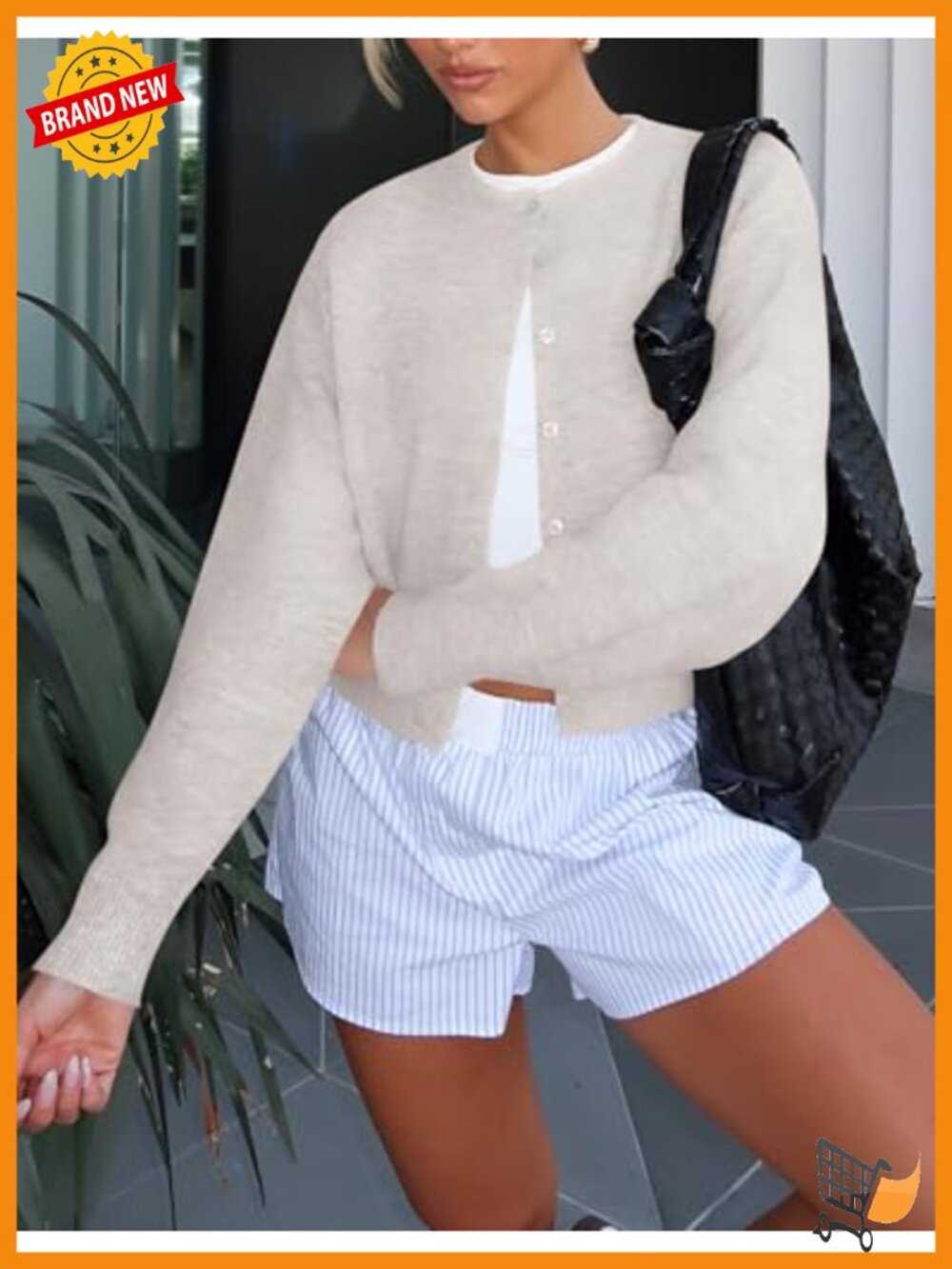 Cropped Cardigan Sweater Crew Neck Long Sleeve Button Front Lightweight Knit - Picture 4 of 5